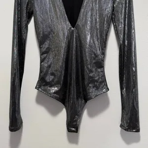 Alix NYC Irving Lamé Bodysuit Small Gunmetal Metallic Deep V-Neck Long Sleeve thumbnail 5