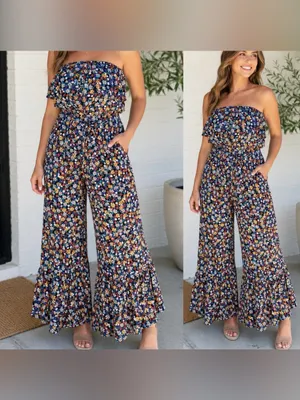 Umgee Women's Floral Boho Cropped Slip On Ruffle Jumpsuit 1X Strapless Vacay thumbnail 2