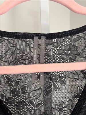 Anthropologie Deep V-Neck Lace Black Sheer Long Sleeve Bodysuit Size Small Layer thumbnail 4