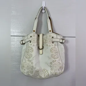 Y2K Lucky Brand White Paisley Print Leather Tote Bag Purse thumbnail 2
