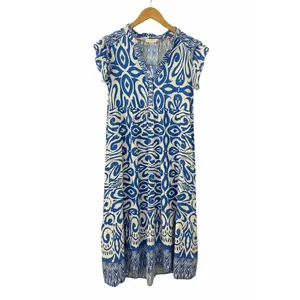 Umgee USA Blue‎ White Ikat Damask Ruffle Sleeve Midi Babydoll Dress Large B8620 thumbnail 3