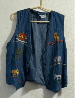 Cherokee Denim Vest Embroidered Animals Noah's Ark Novelty XL thumbnail 1