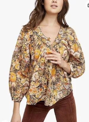 Free People We The Free Small COOL MEADOW Printed Floral Top Orange Earthy Boho thumbnail 1
