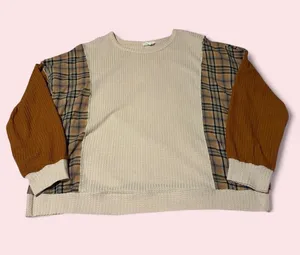 ANDREE BY UNIT Cream Knit & Brown Plaid Sleeve Sweatshirt thumbnail 1