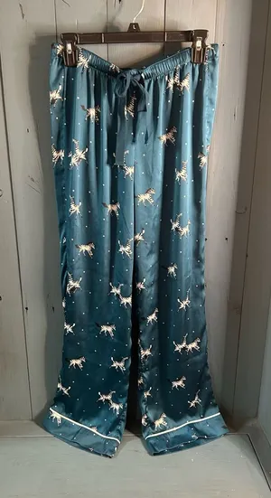 LOFT Teal Satin Sleep Pants with White & Black Zebra Print | Size Small thumbnail 1