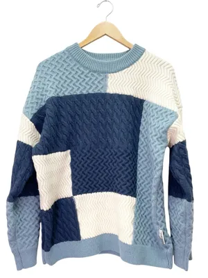 Aelfric Eden Sz XL Patchwork Cable Knit Sweater Blue Cream Colorblock Crewneck thumbnail 2