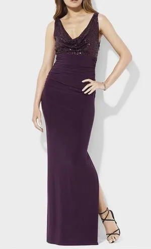 Ralph Lauren Purple Sequin Cowl Ruched Sleeveless Stretch Maxi Gown Dress Size 4 thumbnail 1