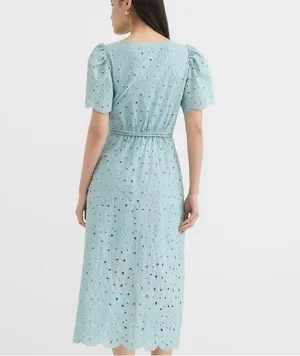 Loft blue eyelet cap sleeve dress tie waist size small petite thumbnail 8