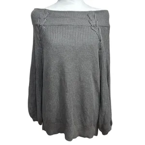 NY & Co Soho Jeans Sweater Gray Off Shoulder Cable Knit Boho Minimalist Casual M thumbnail 2