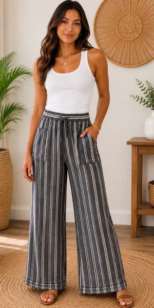 GAP Blue and White Vertical Stripe Wide-Leg Drawstring Linen Pants thumbnail 1
