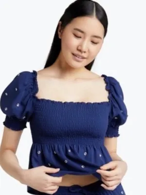 Hill House Home Jewel Jammy Top Navy Blue Smocked Peplum Puff Sleeve Size M thumbnail 14