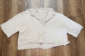 Sand Cloud Organic Cotton Gauze Cropped Button Down Shirt Tan Womens M/L Resort thumbnail 1