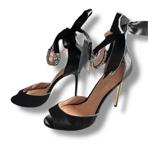 Enzo Angiolini Satin Bow Crystal Ankle‎ Strap Heels Women's 8M Black Elegant thumbnail 5