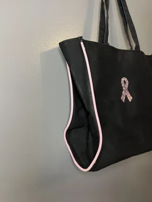 Pink Ribbon Awareness Tote Bag Womens Medium Black Canvas Shoulder Lined thumbnail 2