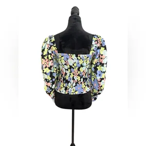 Free People Smocked Floral Puff Sleeve Top‎ XS – Square Neck Black Multicolor thumbnail 7