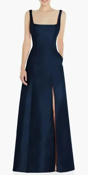 Alfred Sung Maxi Gown Women's 14R Navy Blue Square Neck Satin A-Line Sleeveless thumbnail 1