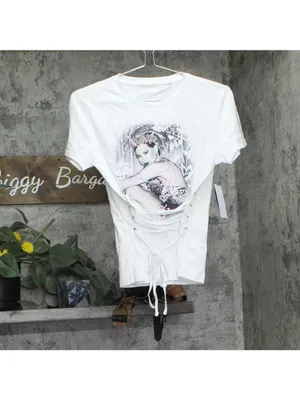 NWT GUESS Eco Short Sleeve Lace-Up Graphic Corset Tee W5RI32K9RM1 Pure White XS thumbnail 5