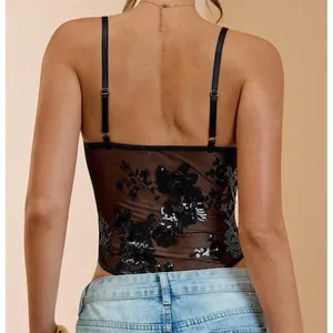 NWT MakeMeChic Sequin Mesh Bodysuit Black Floral Glitter Cami Small thumbnail 2
