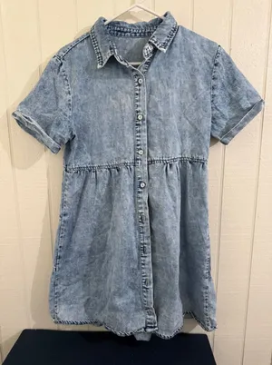 Womens Light Acid Wash Denim Tiered Short Sleeve Button Front Shirt Dress Small thumbnail 1