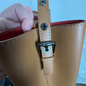 Made in Italy Cognac Leather Structured Tote Bucket Bag Purse Minimalist Classic thumbnail 3