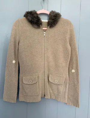 Anthropologie Sleeping on Snow Tan Lambswool Full Zip Hooded Sweater S thumbnail 1