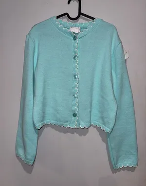 Scallop Edge Cropped Cardigan Sweater - Light Aqua thumbnail 1