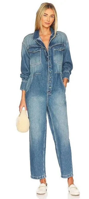 NWT Free People X Cares FP Townes Denim Jumpsuit Coverall High Noon Women's L thumbnail 1