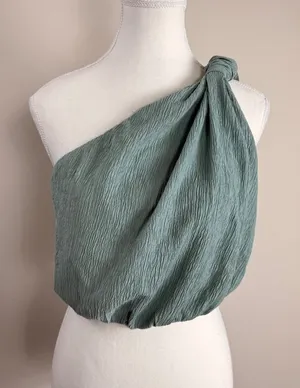 Abercrombie & Fitch Womens One Shoulder Knotted Bubble Hem Crop Top Sage Green S thumbnail 1