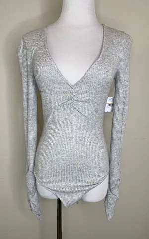 NWT Free People OB878253 Pebble Gray Cozy Up With Me Bodysuit Sz Small thumbnail 1