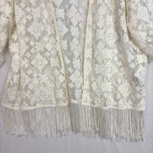 Forever 21 Sheer Kimono Cardigan Size‎ S Ivory Embroidered Fringe Boho Festival thumbnail 5