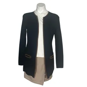 LAUREN RALPH LAUREN Black Cotton Knit Jacket Brown Faux Suede Trim Size Medium thumbnail 3