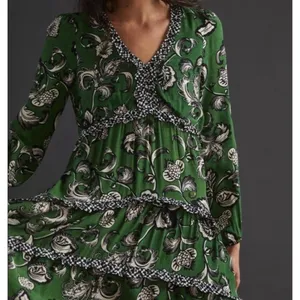 Anthropologie Robin Boho Tiered Ruffled V-Neck Dress Green Motif Size Small thumbnail 4