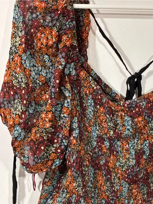 Free People Multi Color Smocked Puff Sleeve Crop Top Tie Back Arms Size Large thumbnail 3