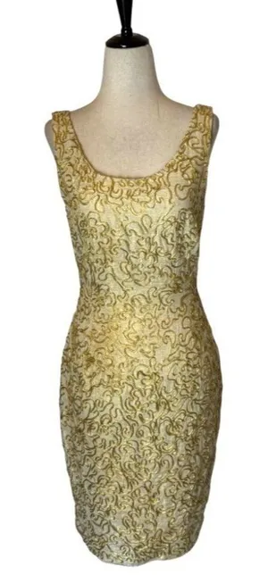 Carmen Marc Valvo Dress Women 4‎ Gold Silk Metallic Embroidered Mini Shea… thumbnail 1