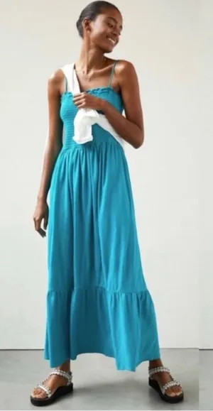 by‎ Anthropologie smocked bodice flounce hem maxi dress turquoise blue Sz XS thumbnail 1