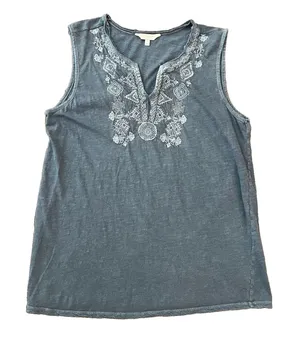 Lucky Brand Peasant Tank Top Large Embroidered Teal thumbnail 1