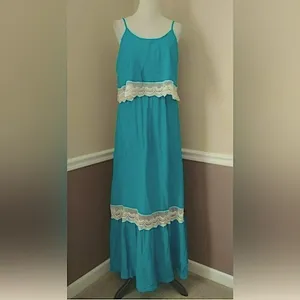 Maxi Dress Turquoise Teal White Crochet Lace Boho Modcloth Bo Bel Southern Belle thumbnail 2