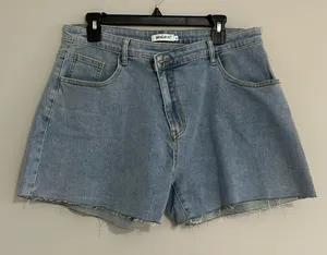 Genleck Shorts Women XL Extra Large Blue Denim Crossover Fly Cut Off Hem Stretch thumbnail 1