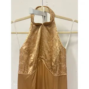 Vintage Jessica McClintock Gunne Sax Gold Satin Halter Maxi Dress Embroidered thumbnail 3