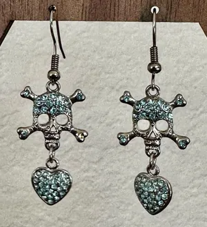 Blue skull and heart rhinestone drop earrings thumbnail 1