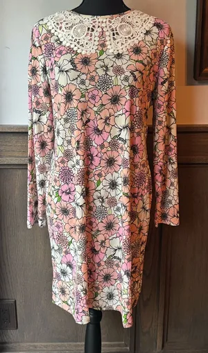 Alison Andrews Floral Long-Sleeve Shift Dress with Lace Collar in Pink and Cream large NWT thumbnail 1