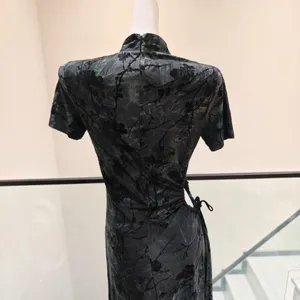 Women Long Cheongsam Dress Floral Flocking Print thumbnail 4