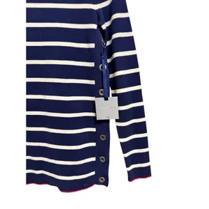 Nautical Preppy Tommy‎ Hilfiger Striped Boatneck Button Side Navy White Top S thumbnail 3