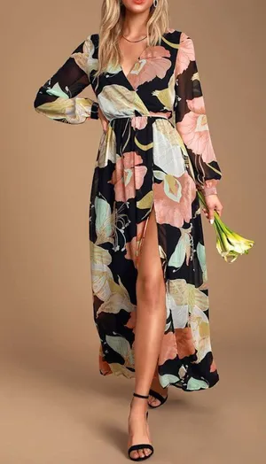 Lulus Wondrous Water Lilies Black Floral Print Maxi Dress Size XS thumbnail 1