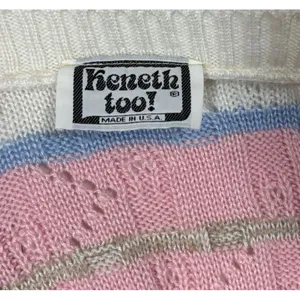 Keneth too! Vtg 80s‎ Knit Top Pastel Striped Pointelle Retro Grandma Cottage S thumbnail 5