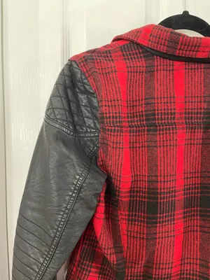 Red & Black Plaid Moto Jacket With Faux Leather Sleeves thumbnail 4