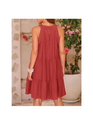 Sleeveless Crochet Yoke Tiered Dress in Rust thumbnail 5