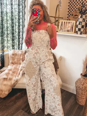 NWT POL Touch of Flowers Crochet Patch Overalls, Cream Floral Patchwork thumbnail 5