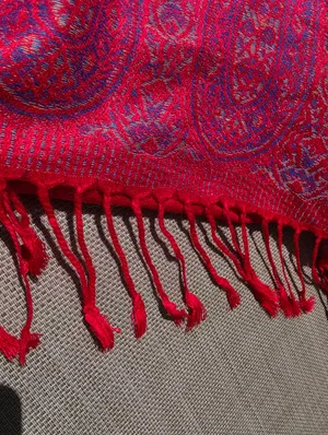 100% Pashmina Red Paisley Shawl Wrap Scarf Soft Woven Fringe | Oversized 68x28" thumbnail 3