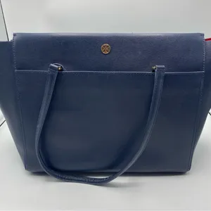 Tory Burch Robinson Tote Navy Blue Orange Lining Large Classic Baddie thumbnail 2